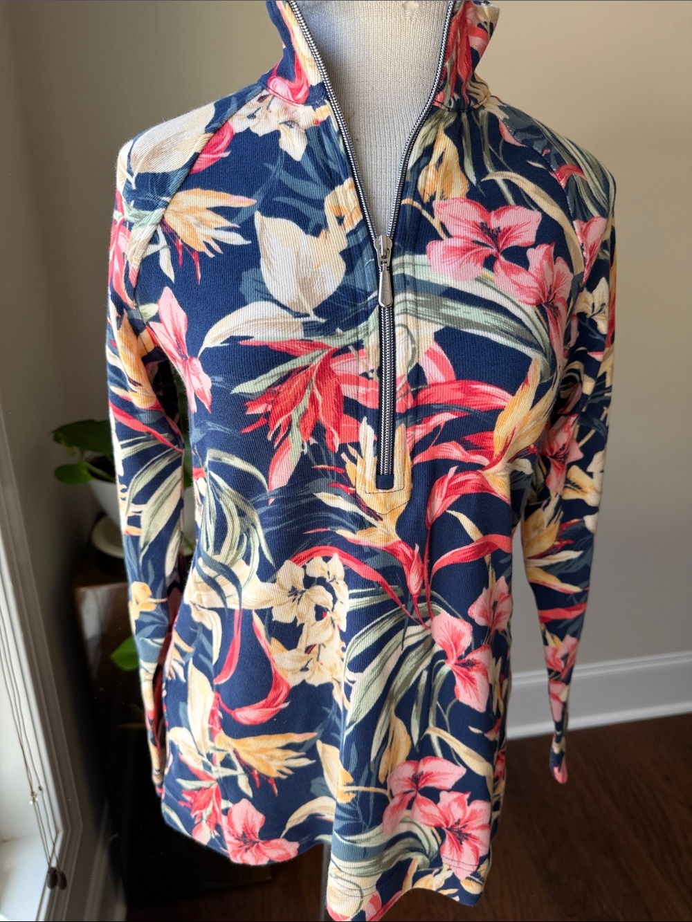Tommy Bahama Navy Floral Quarter-Zip Long Sleeve Top